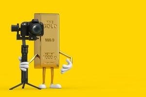 dourado Barra desenho animado pessoa personagem mascote com dslr ou vídeo Câmera gimbal estabilização tripé sistema. 3d Renderização foto