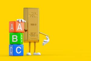dourado Barra desenho animado pessoa personagem mascote com alfabeto abc Educação cubos. 3d Renderização foto