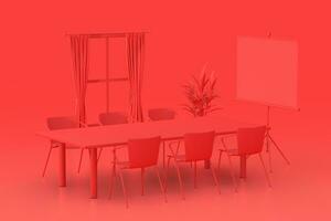 vermelho monocromático duotônico escritório sala de reuniões moderno interior com janela, mesa, cadeiras e projeção tela. 3d Renderização foto