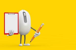 computador rato desenho animado pessoa personagem mascote com vermelho plástico prancheta, papel e lápis. 3d Renderização foto