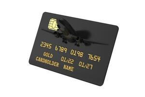 Preto plástico dourado crédito cartão com lasca e jato avião. 3d Renderização foto