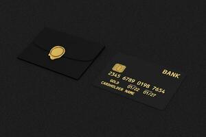 Preto plástico dourado crédito cartão com lasca e crédito cartão pacote envelope. 3d Renderização foto