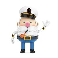 fofa desenho animado mascote navio capitão pessoa personagem dentro uniforme acenando mão. 3d Renderização foto