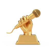 dourado música prêmio troféu dentro forma do mão com microfone. 3d Renderização foto