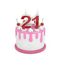 21 ano aniversário conceito. abstrato aniversário desenho animado sobremesa cereja bolo com vinte 1 ano aniversário vela. 3d Renderização foto
