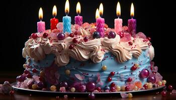 ai gerado aniversário bolo com colorida velas. criada com generativo ai foto