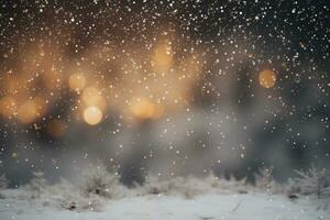 ai gerado inverno fundo com flocos de neve e bokeh desfocado luzes foto