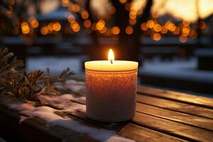 ai gerado queimando vela em de madeira mesa ao ar livre às noite. inverno feriado conceito foto