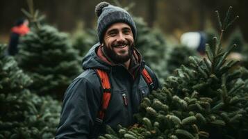 ai gerado retrato do uma sorridente jovem homem com barba comprando Natal árvore às mercado foto
