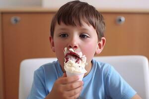 ai gerado uma jovem Garoto comendo a gelo creme cone foto