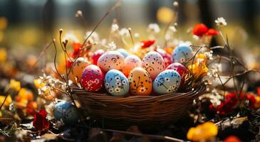 ai gerado Visão do Páscoa dia com muitos colorida ovos dentro uma cesta foto