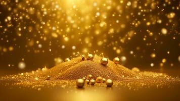 ai gerado dourado partículas e granulados em Natal ou Novo ano celebração. brilhante dourado luzes. papel de parede fundo para Publicidades ou presentes embrulho foto