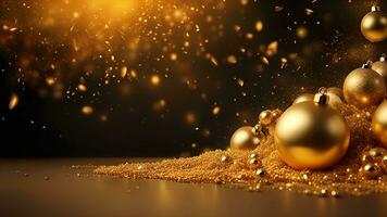 ai gerado dourado partículas e granulados em Natal ou Novo ano celebração. brilhante dourado luzes. papel de parede fundo para Publicidades ou presentes embrulho foto