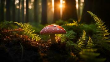 ai gerado fechar-se do uma vermelho cogumelo dentro a floresta às pôr do sol. foto