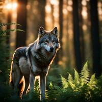 ai gerado retrato do uma Lobo entre samambaias dentro a floresta às pôr do sol. foto