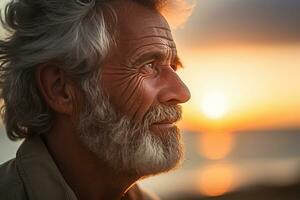 feliz velho homem em pé dentro frente do pôr do sol de praia bokeh estilo fundo ai gerado foto