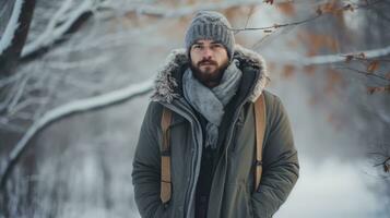 ai gerado retrato do uma bonito barbudo homem dentro inverno casaco queda de neve fundo foto