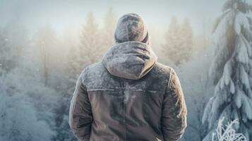 ai gerado homem em pé dentro a inverno floresta e olhando às a Nevado panorama. foto