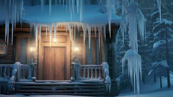 ai gerado casa dentro inverno floresta com pingentes de gelo foto