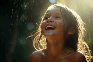 ai gerado pequeno menina rindo dentro a chuva foto