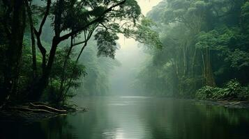 ai gerado generativo ai, amazonense selva nebuloso paisagem, tropical floresta tropical com Palma árvores foto