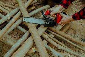 uma agricultor é usando uma cadeia Serra para cortar lenha. foto