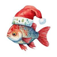 ai gerado generativo ai, fofa aquário peixe animal, animal dentro vermelho Natal chapéu, aguarela estilo. foto