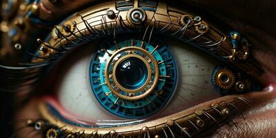 ai gerado generativo ai, biônico steampunk olho fechar-se, fictício ocular implantar foto