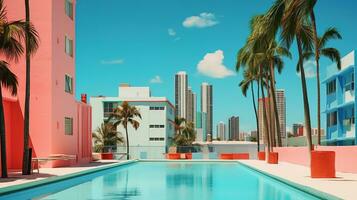 ai gerado generativo ai, surreal miami cidade com deco retro edifícios, Rosa e azul cores, verão vibrações foto