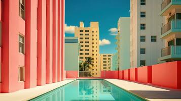 ai gerado generativo ai, surreal miami cidade com deco retro edifícios, Rosa e azul cores, verão vibrações foto