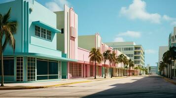 ai gerado generativo ai, surreal miami cidade com deco retro edifícios, Rosa e azul cores, verão vibrações foto