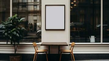 ai gerado generativo ai, café fazer compras rua poster ou tabuleta zombar acima para logotipo projeto, marca apresentação, estético silenciado neutro cores, em a parede ao ar livre foto