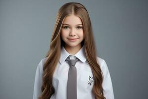 ai gerado uma jovem russo Alto escola aluna menina dentro uma escola uniforme isolado em uma cinzento fundo foto