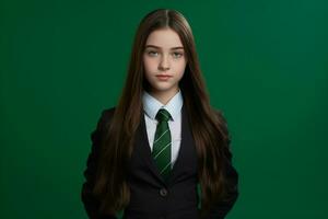 ai gerado uma lindo jovem russo Alto escola aluna menina dentro uma escola uniforme isolado em uma verde fundo foto