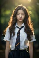 ai gerado retrato do uma lindo jovem coreano Alto escola aluna menina com ondulado cabelo dentro uma escola uniforme ao ar livre foto