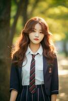 ai gerado retrato do uma lindo jovem coreano Alto escola aluna menina com ondulado cabelo dentro uma escola uniforme ao ar livre foto