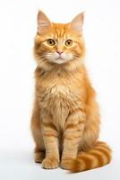 ai gerado lindo fofa laranja gato sentado em uma branco fundo foto