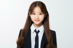 ai gerado retrato do lindo jovem japonês Alto escola aluna menina dentro uma escola uniforme isolado em uma branco fundo foto