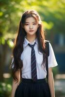 ai gerado uma jovem chinês Alto escola aluna menina com ondulado cabelo dentro uma escola uniforme posando para uma foto