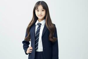 ai gerado retrato do lindo jovem japonês Alto escola aluna menina dentro uma escola uniforme isolado em uma branco fundo foto