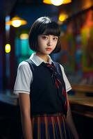 ai gerado uma jovem chinês Alto escola aluna menina com curto cabelo dentro uma escola uniforme foto