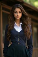 ai gerado lindo indiano menina vestindo escola uniforme foto