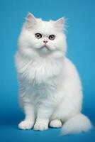ai gerado branco persa pico nariz gato com grandes cabelo sentado em uma azul fundo foto