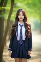 ai gerado uma lindo jovem coreano Alto escola aluna menina dentro uma escola uniforme ao ar livre foto