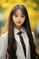 ai gerado retrato do lindo jovem japonês Alto escola aluna menina dentro uma escola uniforme ao ar livre foto