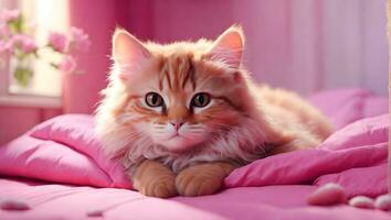 ai gerado uma fofo laranja gato deitado em uma Rosa cobertor dentro uma Rosa quarto foto