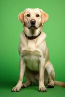 ai gerado retrato do labrador retriever cachorro sentado em uma verde fundo, estúdio foto. foto