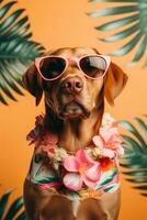 ai gerado cachorro vestindo oculos de sol e uma bandana em uma tropical fundo foto