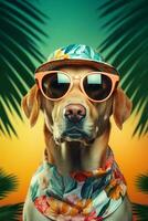 ai gerado cachorro vestindo oculos de sol e uma bandana em uma tropical fundo foto