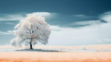 a infravermelho imagem do uma solitário árvore dentro a meio do uma campo generativo ai foto